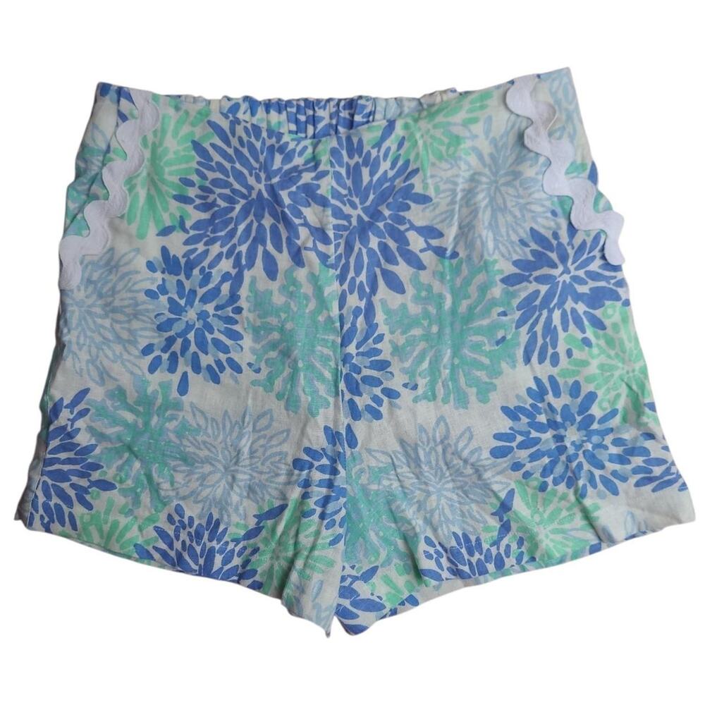 Sail to Sable Linen Blend Floral Print Scallop Trim Shorts Women's XS Blue Green